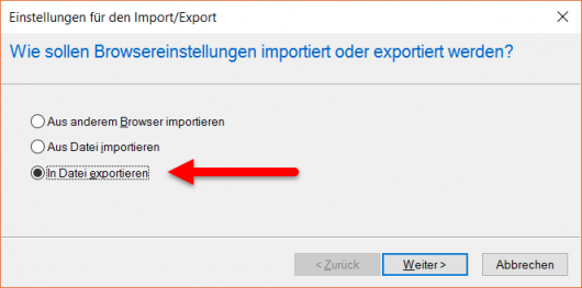 Export-Einstellungen im Internet Explorer